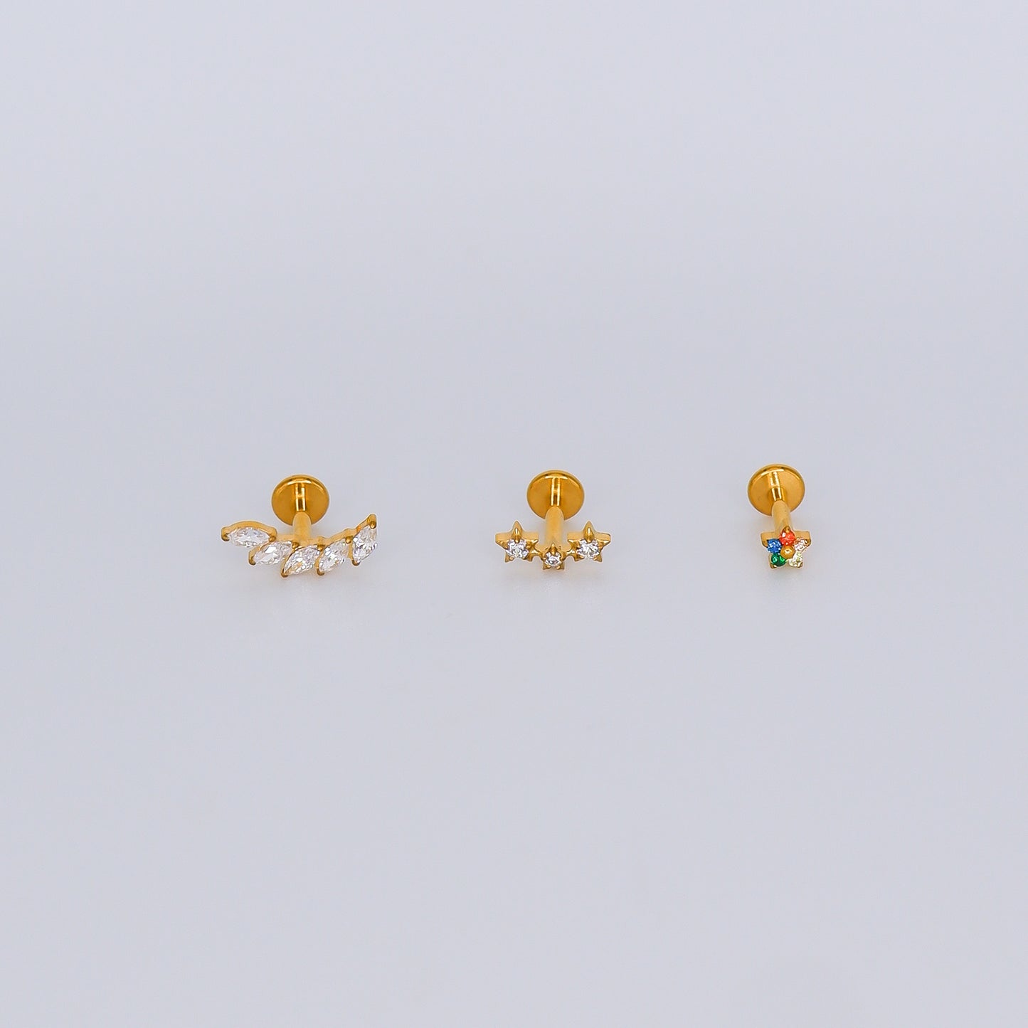 Piercing Achatado Curvo, Estrelas e Mini Flor Colorida