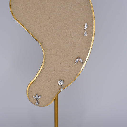 Piercings Bolinha Prateados #10 Meia Flor, Flor, Folha e Brilhante Pendente