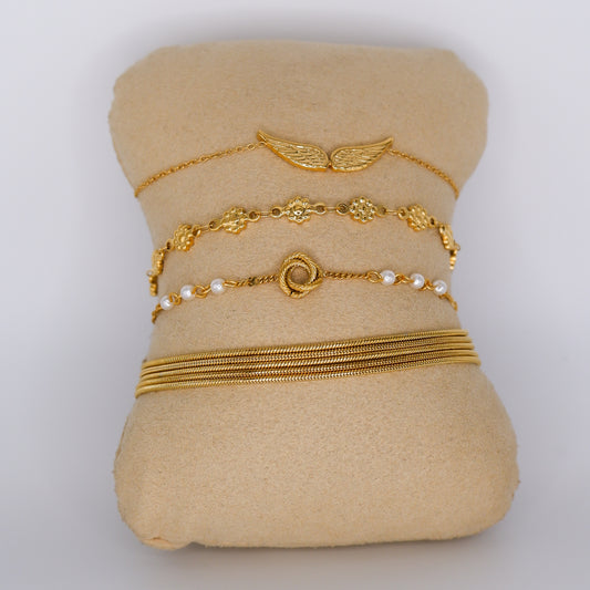 Pulseira Aço Inoxidável Asas, Flores, Pérolas e 5 Fios