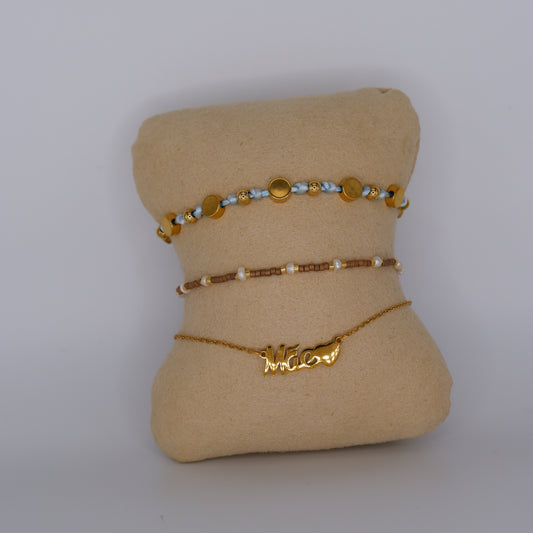 Pulseira Aço Inoxidável Bolas com Azul, Castanha Mãe