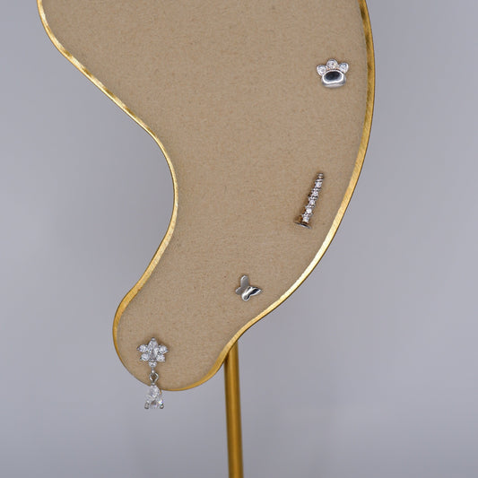 Piercings Bolinha Prateados #11 Flor, Borboleta, Prego e Pata