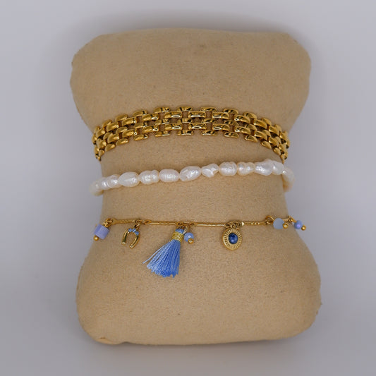 Pulseira Aço Inoxidável Azul Pendentes, Malha dourada e Pérolas