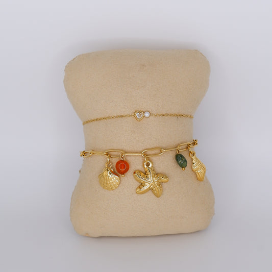 Pulseira Aço Inoxidável Coração e pérola e pendentes