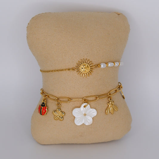 Pulseira Aço Inoxidável Sol e Pendentes