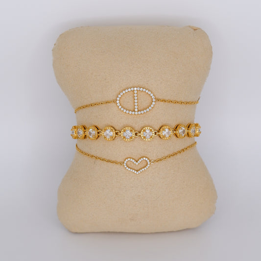 Pulseira Aço Inoxidável Bola com Risco, brilhantes e Coração