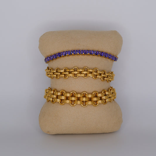 Pulseira Aço Inoxidável Malha Grossa e Riviera Lilás