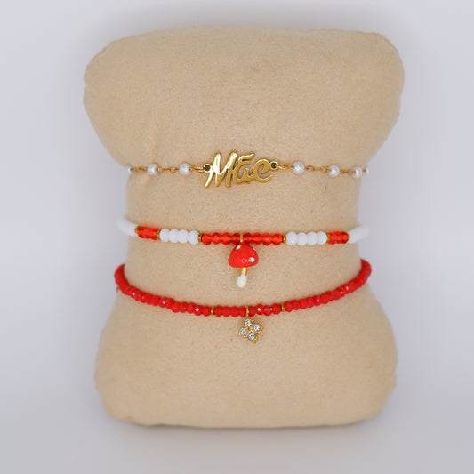 Pulseira Aço Inoxidável Mãe, Cogumelo e Flor