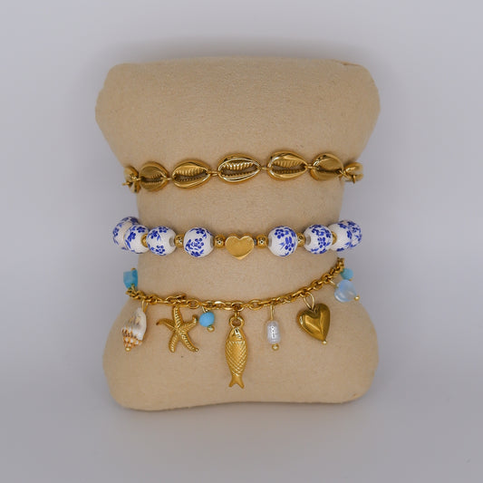 Pulseira Aço Inoxidável Conchas, Bolinhas e Pendentes