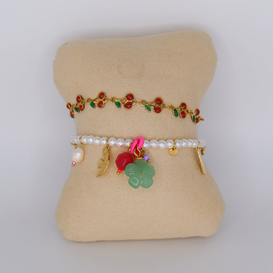 Pulseira Aço Inoxidável Cerejas e Pérolas com Pendentes