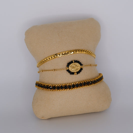 Pulseira Aço Inoxidável Malha, Medalha Preta e Riviera Preta