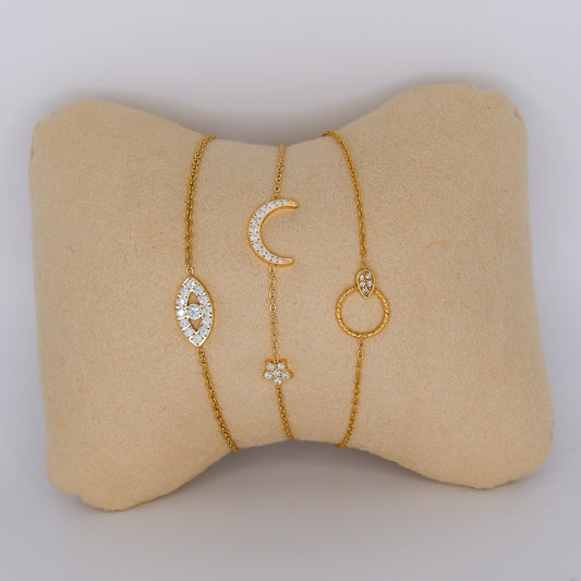 Pulseira Aço Inoxidável Bola, Olho e lua com Flor