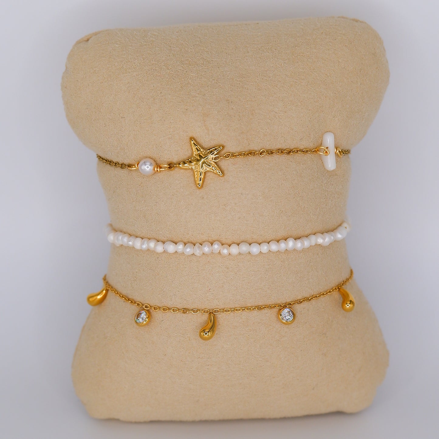 Pulseira Aço Inoxidável Estrela, Pérolas e Pendentes