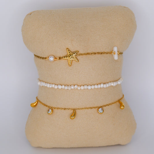 Pulseira Aço Inoxidável Estrela, Pérolas e Pendentes