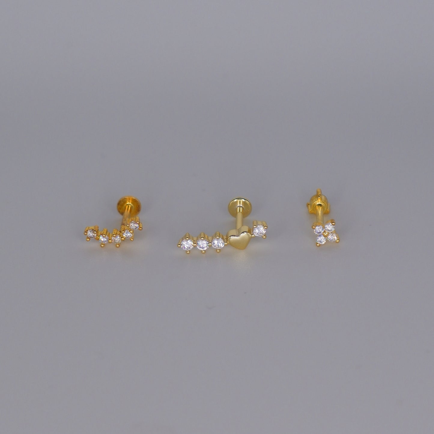 Piercings Achatados Dourados #14 Curvo, Coração e Flor