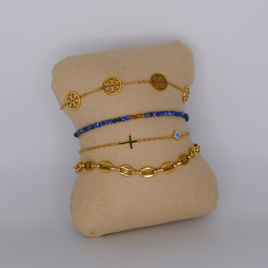 Pulseira Aço Inoxidável Símbolos, Azul, Cruz e Malha