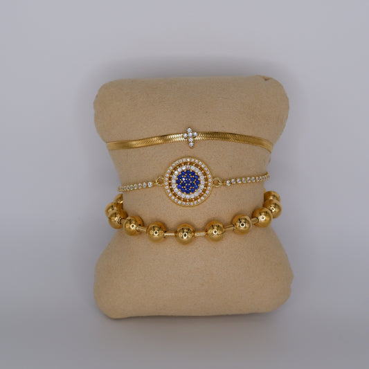 Pulseira Aço Inoxidável Cruz, Círculo e Bolinhas