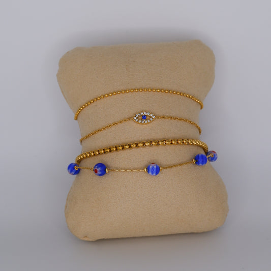 Pulseira Aço Inoxidável Malha Fina, Olho, Malha Grossa e Bolas Azuis