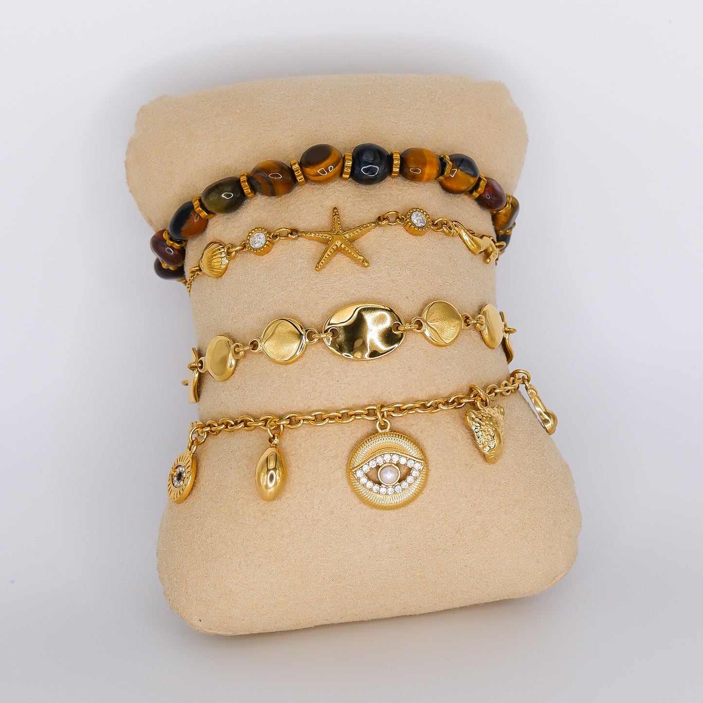 Pulseira Aço Inoxidável Castanha, Estrela, Bolas e Pendentes