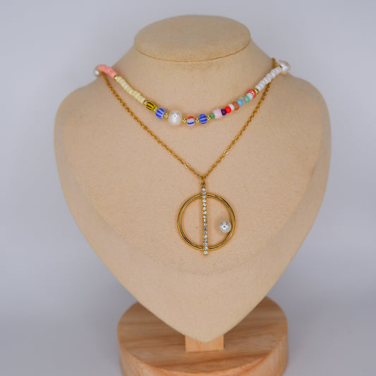 Colares Circulo com Pérola e Pérolas Colorido