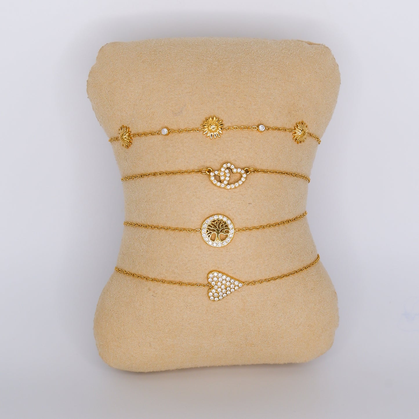 Pulseira Aço Inoxidável 3 Flores, 2 Corações, Árvore da Vida e Coração