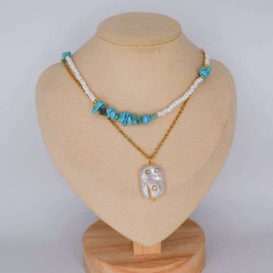 Colares Pérolas com Pedras Azuis e Pérola Brilhante