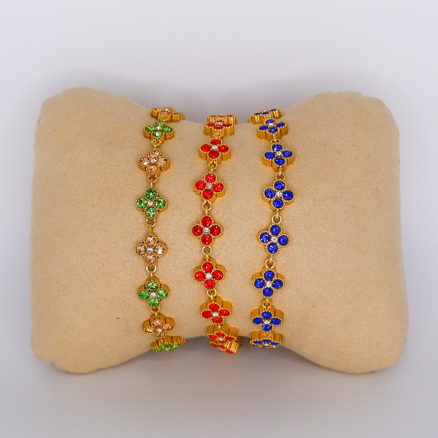 Pulseira Aço Inoxidável Flores 4 Pétalas Verde, Vermelho e Azul