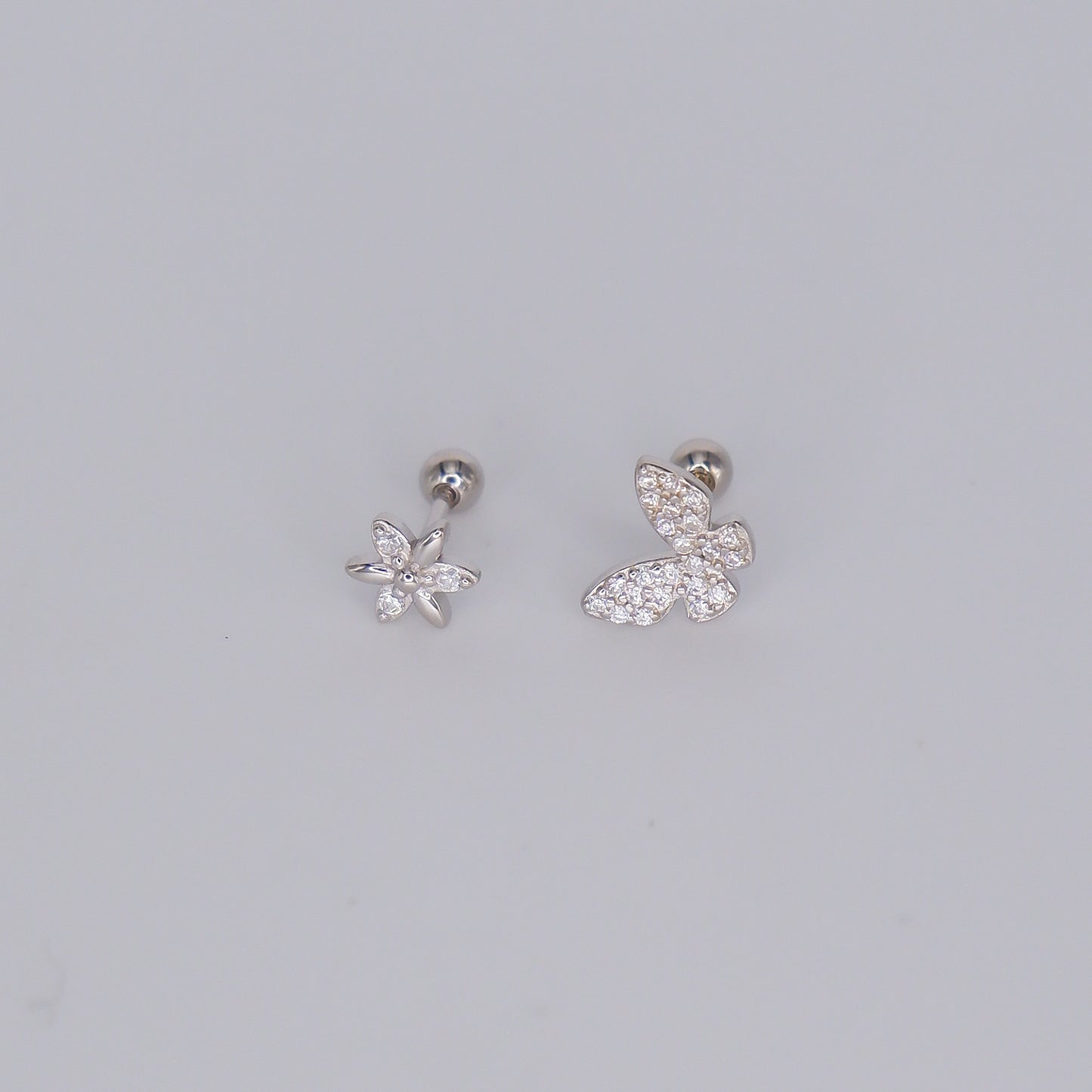 Piercings Bolinha Prateados #23 Flor e Borboleta