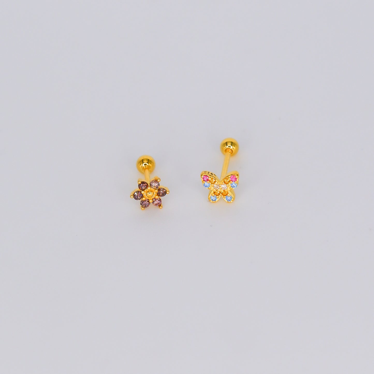 Piercings Bolinha Dourados Flor Lilás e Borboleta Colorida