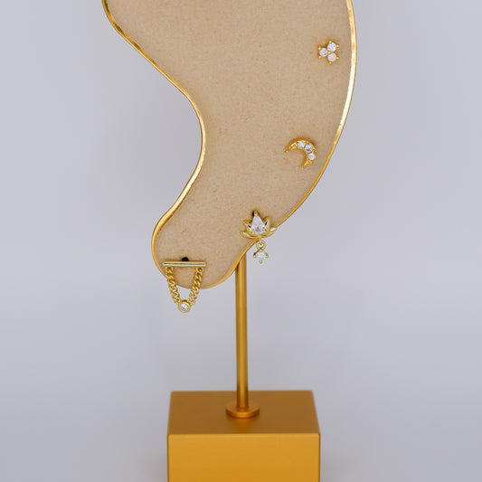 Piercings Bolinha Dourados #27 Corrente, Flor de Lotus, Lua e 3 Brilhos