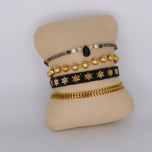 Pulseira Aço Inoxidável Gota Pretas, Bolas, Estrelas e Malha