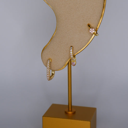 Argola S925 Rosa Bebé Rectangular Brilhantes, Brilhantes c/ Coração e Flor