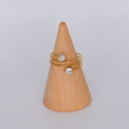 Anel Ajustável Dourado com dois Corações Transparentes