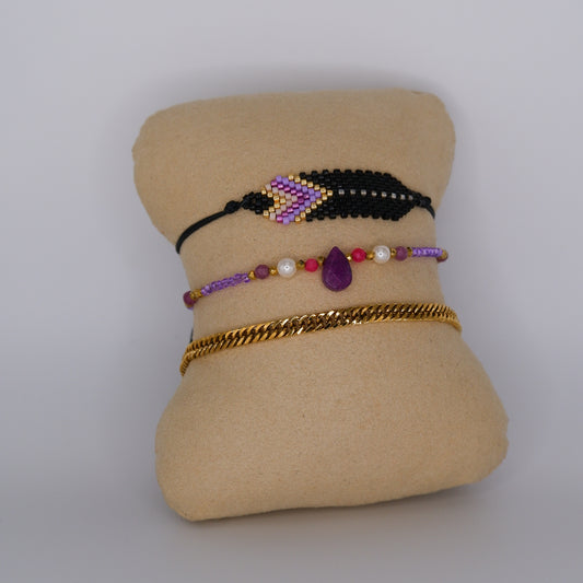 Pulseira Aço Inoxidável Missangas Pretas, Roxa e Malha