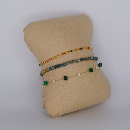 Pulseira Aço Inoxidável Colorida, Pedras e Bolas Verdes