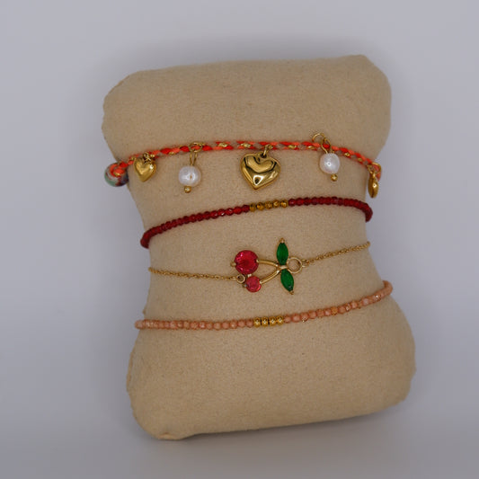 Pulseira Aço Inoxidável Pendentes, Missangas e Cereja