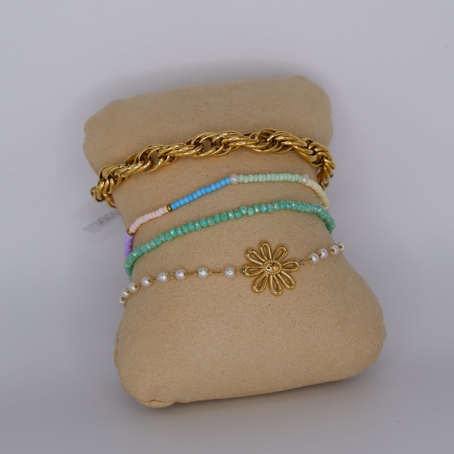 Pulseira Aço Inoxidável Malha, Missangas e Flor