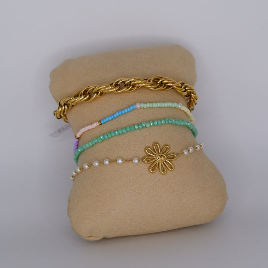 Pulseira Aço Inoxidável Malha, Missangas e Flor