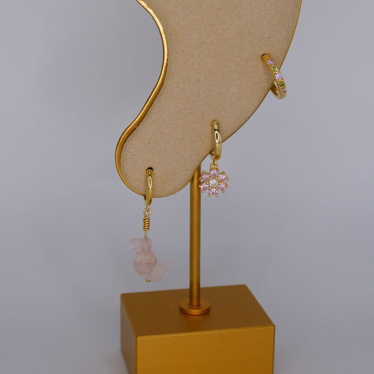 Argola S925 Rosa Bebé c/ Pedras, Flor e Brilhantes Tons Pastel