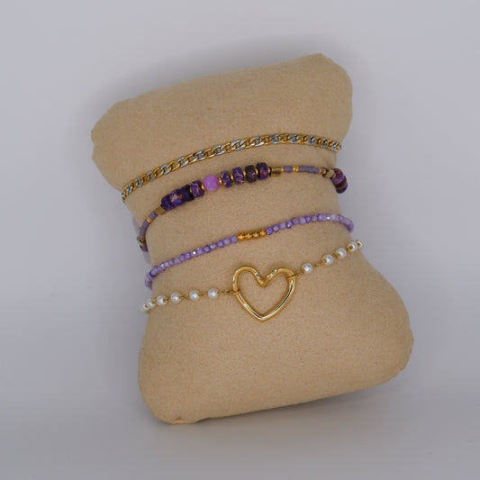 Pulseira Aço Inoxidável Malha Bicolor, Missangas e Coração