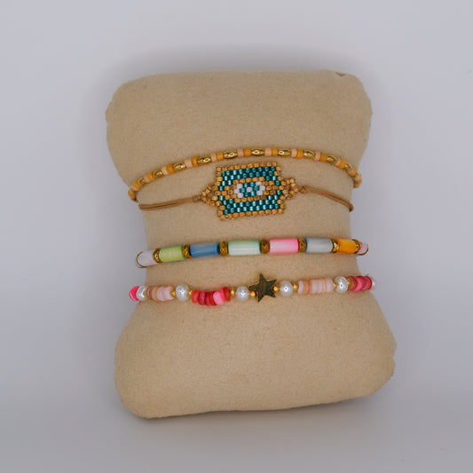 Pulseira Aço Inoxidável Missangas, Ajustável e Pedras