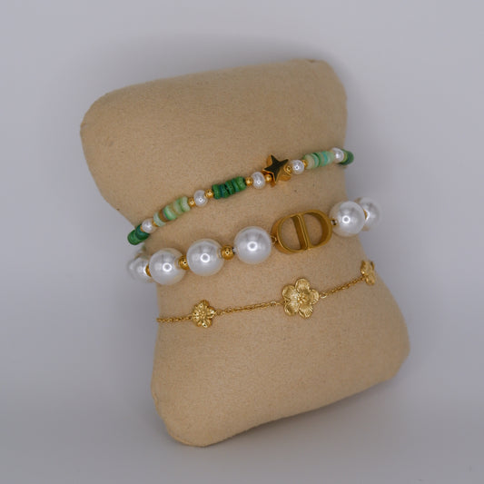Pulseira Aço Inoxidável Verde, Pérolas e Flores