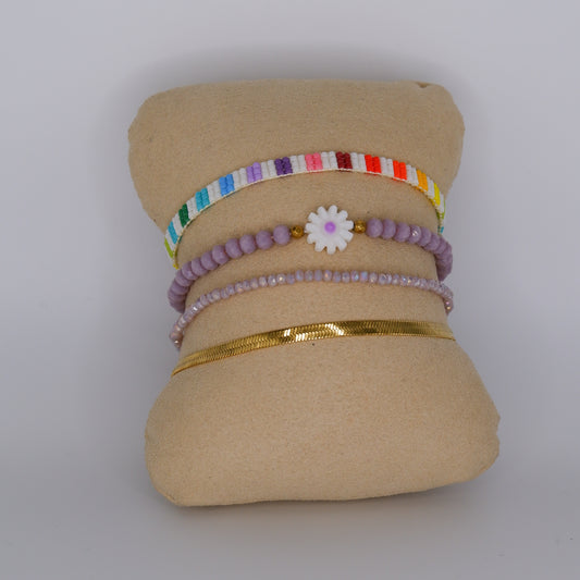 Pulseira Aço Inoxidável Missangas, Flor, Lilás e Malha