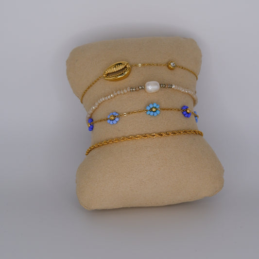 Pulseira Aço Inoxidável Beijinho, Pérola, Flores e Malha