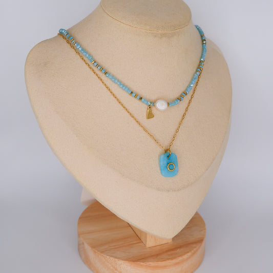 Colares Miçangas Azuis com Pérola e Pedra Azul Pendente