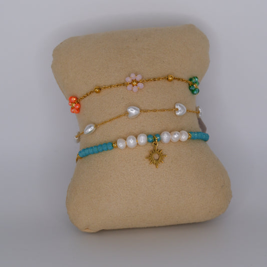 Pulseira Aço Inoxidável Flores, Pérolas e Azul