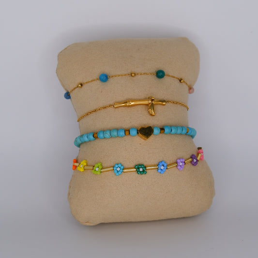 Pulseira Aço Inoxidável Bolas, Bamboo, Azul e Flores