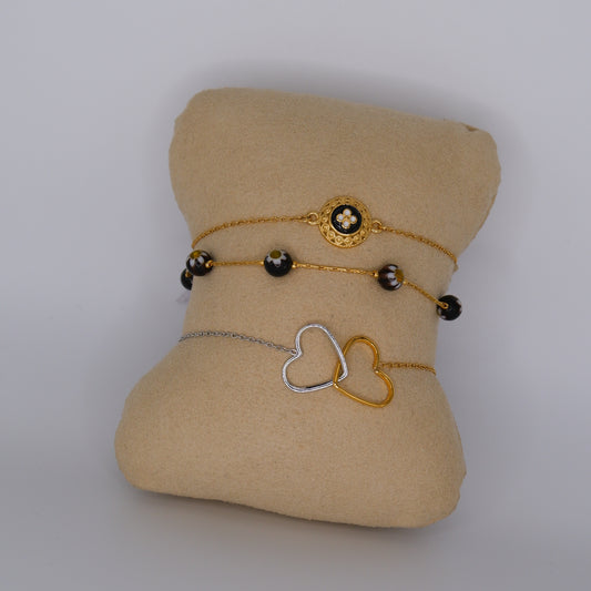 Pulseira Aço Inoxidável Medalha Flor Preta, Pedras, Bicolor Corações