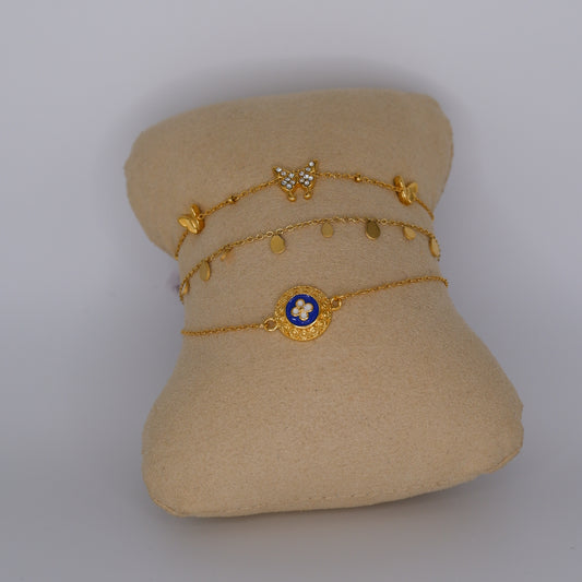 Pulseira Aço Inoxidável Borboletas, Gotas e Medalha Flor Azul