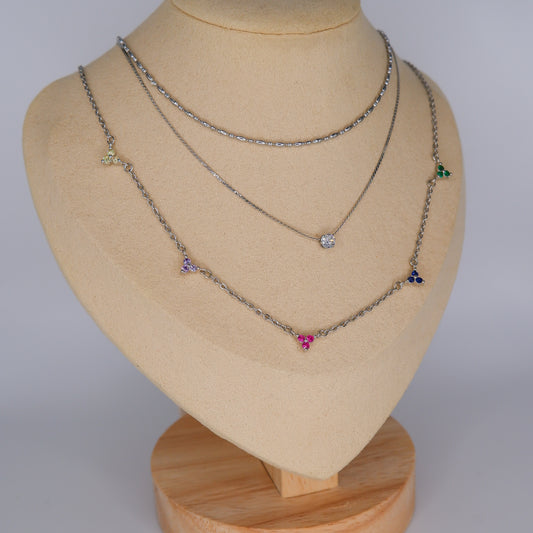 Colar Flores Coloridas, Ponto de luz e malha Prateado