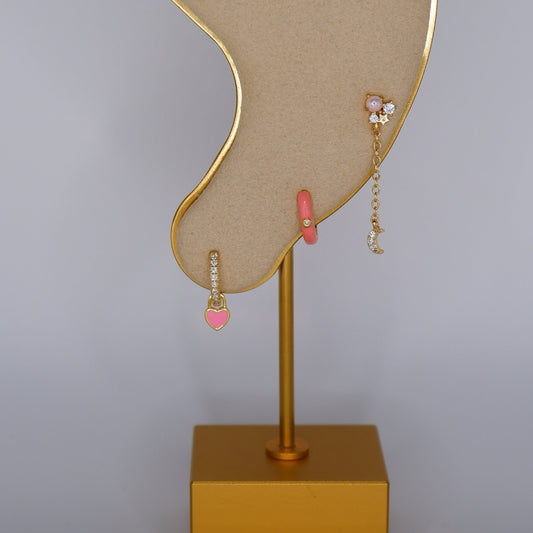 Argola S925 Rosa Bebé Brilhantes c/ Coração, Opaca c/ Brilhante, Corrente Lua